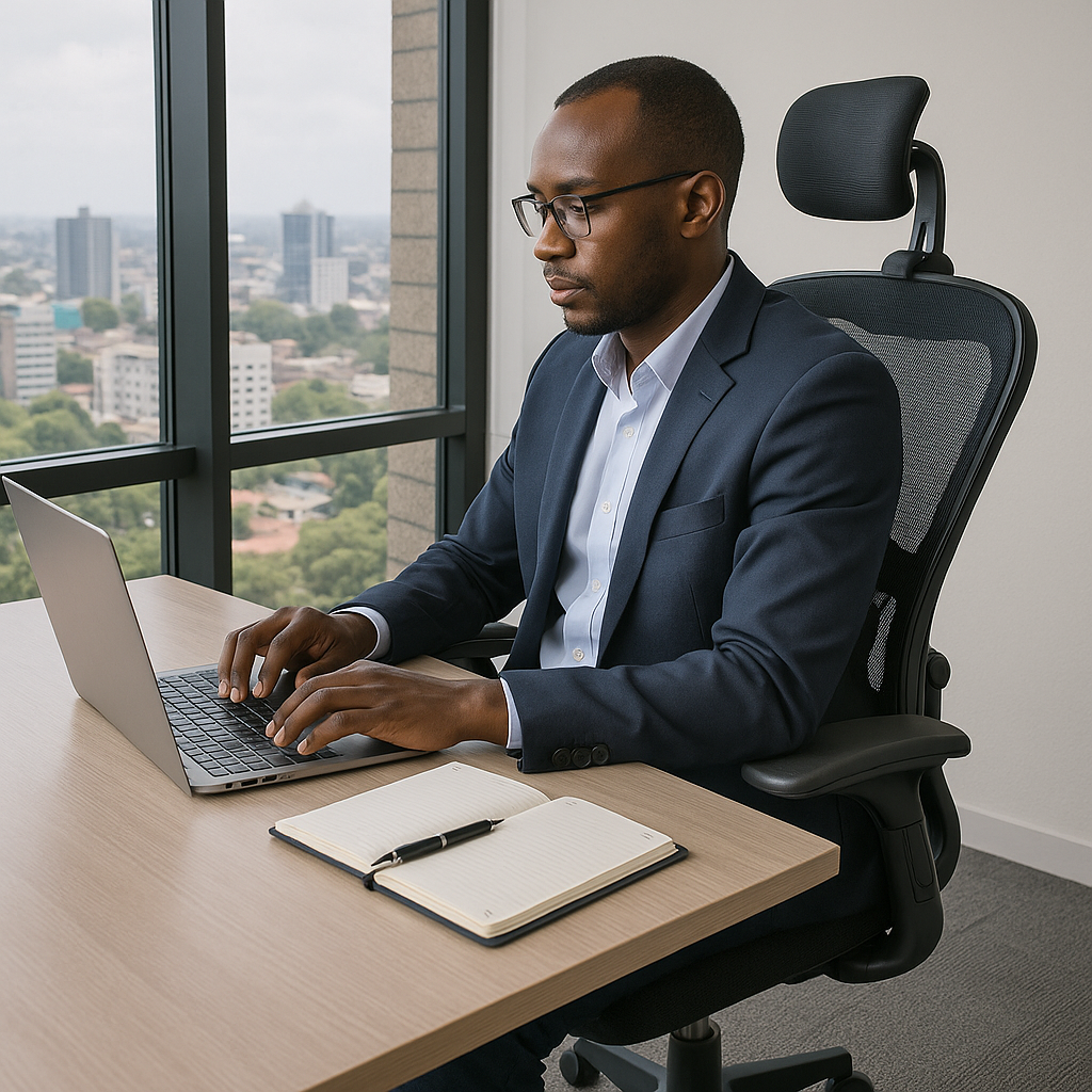 Business professional in a navy suit working on a laptop while seated in a black ergonomic office chair with headrest, modern Nairobi office with city skyline view.